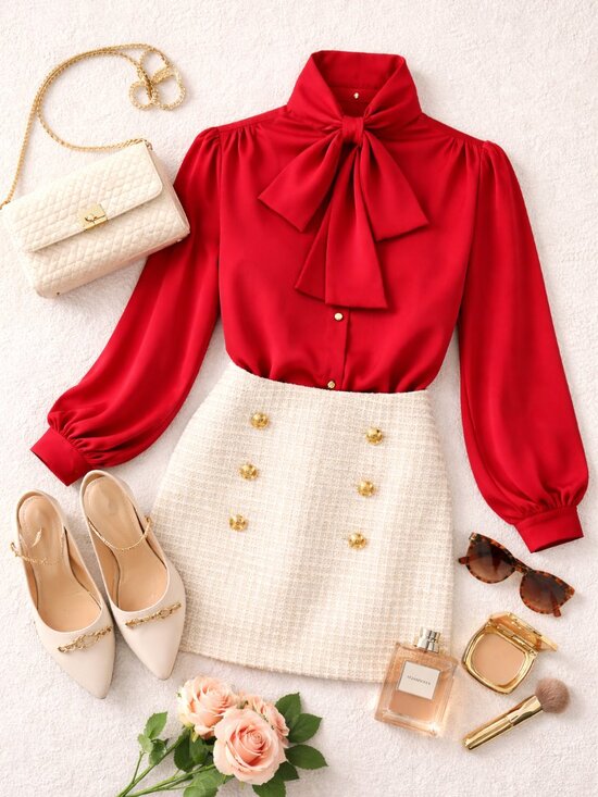 alicia Tops - VTG Alicia Red Necktie Secretary Blouse Button-Up Long Sleeve Women’s 14